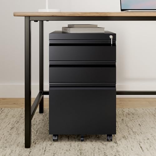 Fesbos 3 Drawer Vertical File Cabinet, Black Mobile Filling Cabinet with Lock for Legal/Letter Size, Pre-Built Office Storage File Cabinet with Wheels Under Desk - Fully Assembled