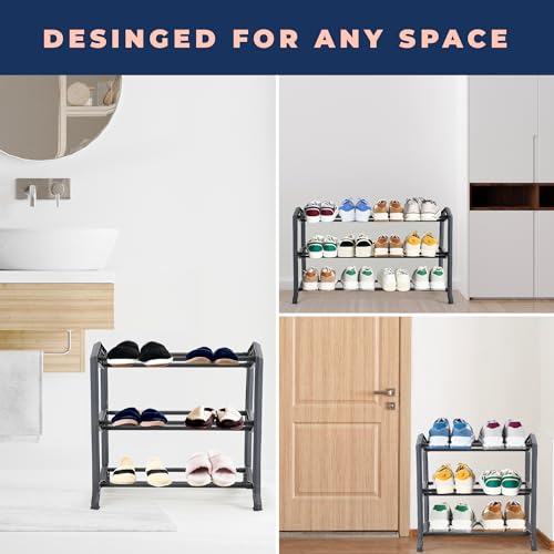 Image of happhom 3-Tier Expandable Shoe Organizer, Space Saver Shelf with Smart Design, Small Shoe Rack for Entryway, Cabinet and Small Spaces, Dark Grey (CSR-02)