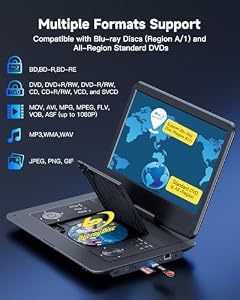 WONNIE 16.9" Portable Blu Ray Player with 14.1" 1080P Full HD Large Swivel Screen, Blu-ray DVD Player with HDMI Out & AV Out, 4-5 Hours Rechargeable Battery, Support USB/Micro SD Card — photo 3 of 6