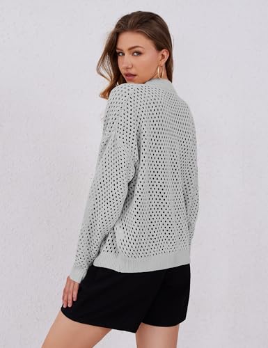 Image of HOCANDY Womens Zip Up Crochet Cardigan Sweater Oversized Long Sleeve Hollow Out Knit Bomber Jacket Fishnet Sweaters