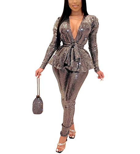 Womens Sexy Sequin Two Piece Club Outfits Long Sleeve Glitter Blazer and Bodycon Long Pants Jumpsuit Rompers Silver