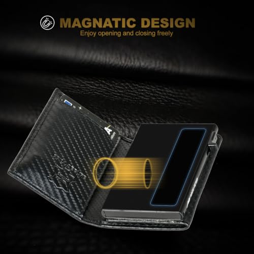 Image of AirTag Wallet - Full Grain Leather, Mens Minimalist Wallet with Apple Air Tag Holder, Slim Smart Pop up Card Case, ID Window, RFID Blocking Wallet for Men and Woman Carbon