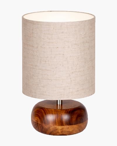 Image of Homesake Handcrafted Wooden Base Table Lamp with Warm Shade, Aara, Bedside Night Light for Bedroom, Living Room, Study Table, Home Decor, Ambient Lighting, (KD Khadi Shade)