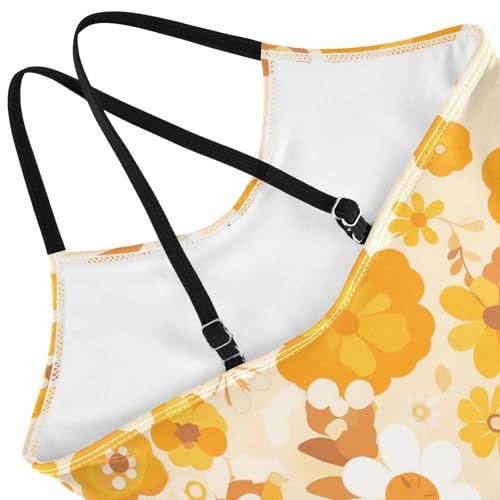 Vintage Yellow Orange Floral Pattern Kids Girls 1 Piece Swimsuits Beach Swimwear Adjustable Strap Quick-Dry4