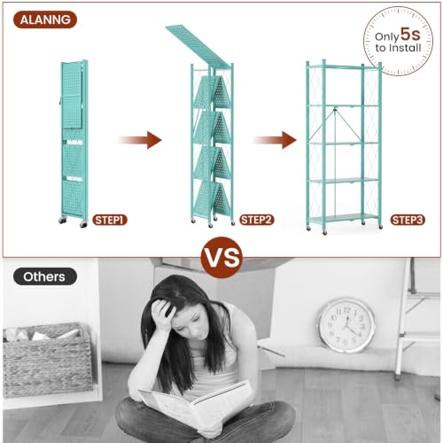 Image of ALANNG 60.6 Inch Folding Bookshelf, 5 Tier Metal Bookcase and Bookshelves | Tall Shelves for Living Room Office Bedroom, Heavy Duty Book Shelve Free Standing Open (Mint Green, 4PACK)
