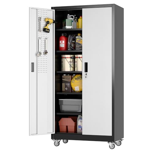Image of Aobabo Upgraded Garage Storage Cabinets with Wheels,Metal Storage Cabinets with 5 Adjustable Shelves for Garage Home Office Storage, Black&Silver,71''H*32''W*16''D,Assembly Required