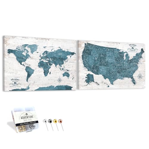 Image of IPIC - Antique Blue World Map & USA Map Canvas Wall Art Set of 2, Travel Wall Decor with Pins Included, Ready to Hang for Office or Living Room, 36x24 Inch