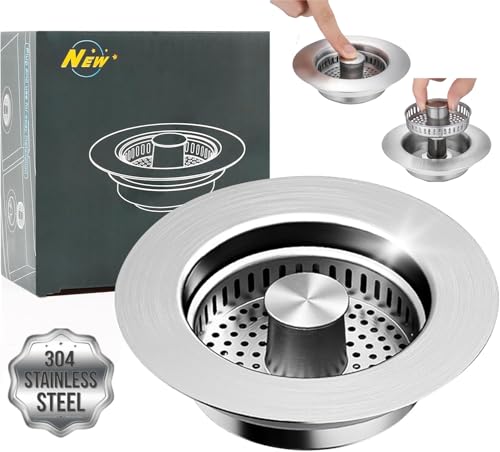 3-in-1 Kitchen Sink Strainer Stopper – Stainless Steel Drain Filter Plug with Anti-Clog Food Basket & Quick Drain Odor Blocker for Standard 3.52 Inch Sinks, Silver