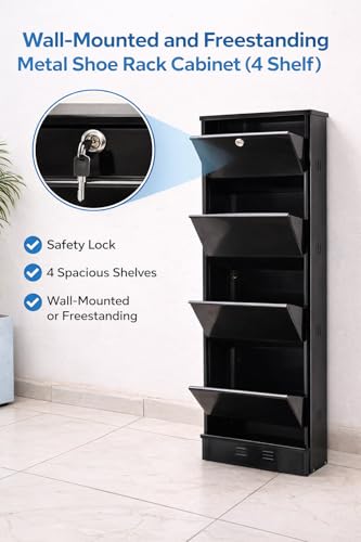 Image of Shoe Rack, Wall Mounted and Freestanding Metal, Multiple Shelf Options, White and Black (Black, 4)