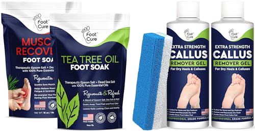 Tea Tree Oil & Muscle Relief Foot Soak with Epsom Salts - All Natural Salts for Post Workout Recovery Callus Remover for Feet with Extra Strength Gel & Foot Pumice Stone Set
