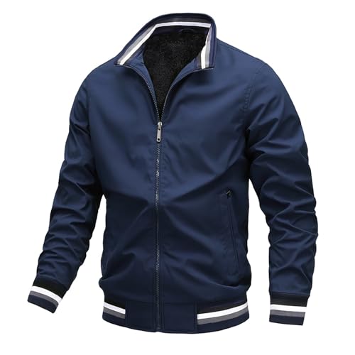 Meibax - Chaqueta para hombre, informal, ligera, con cremallera, bombardero, para hombre, talla media, color liso, cuello alto, manga larga, para exterior, moda barata, otoño, senderismo, ropa, azul,
