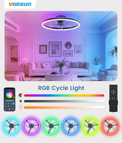 Image of VOLISUN RGB Ceiling Fan with Lights and Remote, 23.6in Low Profile Ceiling Fan Flush Mount, 3000K-6500K Dimmable Fandelier LED Fan Light, Black Bladeless Ceilings Fans for Bedroom