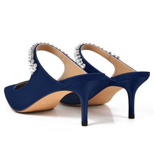 Image of XINIUNIU Heeled Mules for Women Rhinestone Heels Pointed Toe Slip On 2.5 Inch Kitten Stiletto Closed Toe Sandals Dress Wedding Pump Shoes