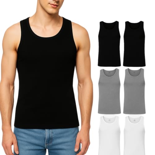 Men’s Tank Tops 6 Pack–100% Cotton Sleeveless Undershirts Multipack - Breathable Black White Gray Muscle Shirts
