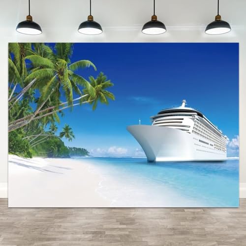 ASDCXZ 7x5ft Cruise Ship Backdrop Caribbean Sea Palm Tree Beach Photography Background Tropical Ocean Island Banner Decorations Hawaiian Luau Summer Holiday Travel Portrait Photo Booth Prop