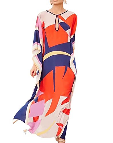 MEILING Women's Printed Kaftan Nightgown Loungewear Caftans Dress Plus Size Long Beach Cover Up Swimwear (Print W)