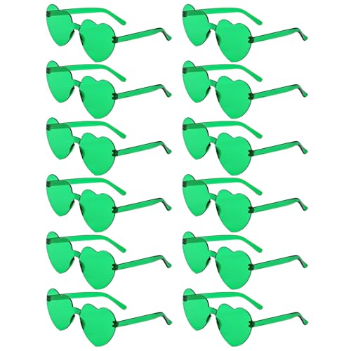 LYMOJOR 12 Pairs Green Heart Sunglasses for Women Candy Color Rimless Fun Heart Glasses for Women Party Favors