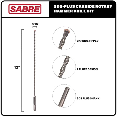Sabre Tools 3/16 Inch X 12 Inch Sds Plus Rotary Hammer Drill Bit, Carbide Tipped For Brick, Stone, And Concrete (3/16" X 10" X 12") #TOP1