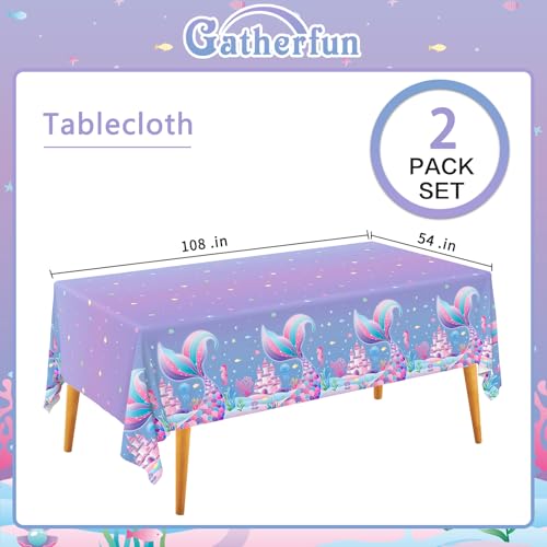 Image of Gatherfun Mermaid Party Supplies Set: 2-Pack Rectangular Plastic Tablecloths, 54 x 108 Inches, Purple (Gradient) Mermaid Pattern, Kids & Girls 1st Birthday Decorations