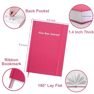 Hard Cover 5 Year Journal | The Easiest to Use Five Year Journal | Quick and Easy Five Year Memory Notebook | 5.8'' x8.3'', Pink