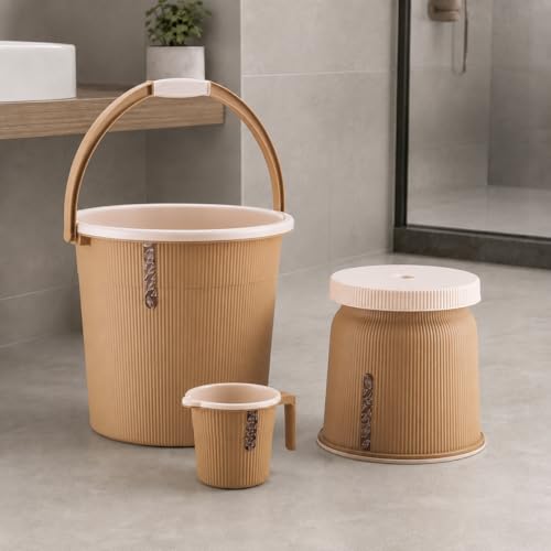 Image of Plastic Bathroom Set with Mug Patla /Stool | Bath Accessory Set (25 Liter Bucket+ 1 Liter Mug+Big Stool) (Light Brown)