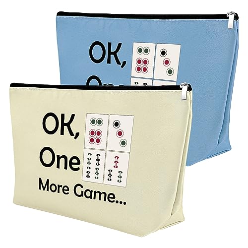 Mxrymvu 2Pcs Mahjong Lover Gift Mahjong Player Makeup Bag Retirement Gift Cosmetic Bag Funny Gambling Present for Women Grandma Mother Christmas Birthday Present Travel Makeup Pouch (Blue,Beige)