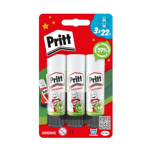 Pritt Glue Stick Safe & Child-Friendly Craft Glue for Arts & Crafts Activities Strong-Hold adhesive for School & Office Supplies 22 g (Pack of 3)