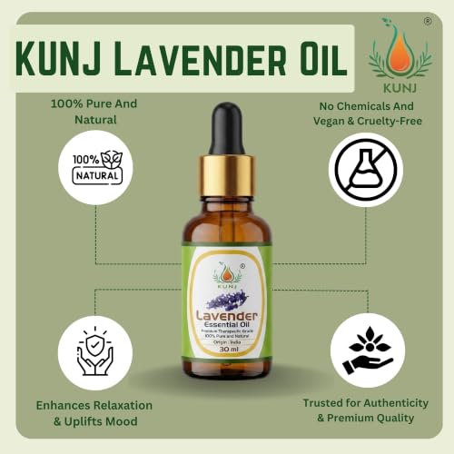 Image of KUNJ Lavender Essential Oil 30ml - 100% Pure & Natural Steam Distilled Oil for Sleep Support, Stress Relief, Relaxation, Aromatherapy, Diffuser & Skin Care