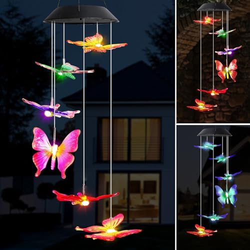 MorTime 25 LED Solar Wind Chime Color Changing Solar Butterfly Wind Chimes Mobile Hanging Wind Chime for OutsideHome Garden Decoration