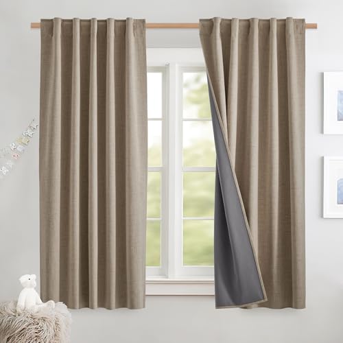 NICETOWN 100% Blackout Curtains for Kitchen with Grey Liner, Rod Pocket & Back Tab Thermal Insulated Flax Textured Full Light Blocking Window Draperie