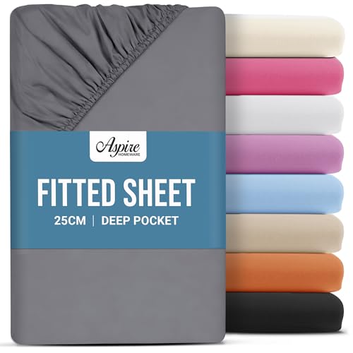 Aspire Homeware King Size Fitted Sheets - 25 cm Deep Hotel Quality (Grey) Bed Sheets - Soft & Breathable Fitted Sheets King Size - Anti-Wrinkle Easy Care Fitted Sheet