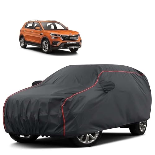 Image of Sulfar 100% Water Resistant Car Body Cover Compatible with Mirror for Skoda Kushaq (Triple Stitched, Full Bottom Elastic, Dark Grey Tafetta with Red Piping)