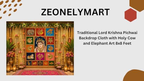Image of Wedding Decoration Backdrop | Baby Krishna Janmashtami Backdrop Cloth with Holy Cow and Elephant Art 8x8 Feet | varalakshmi Background Decoration Cloth