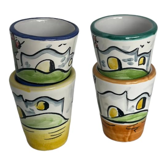 Hand-Painted Italian Ceramic Glasses – Set of 4, 1.2 oz Limoncello or Espresso Cups with House and Cactus Design, Made in Italy, Artisan Shot Glasses for Drinks and Desserts