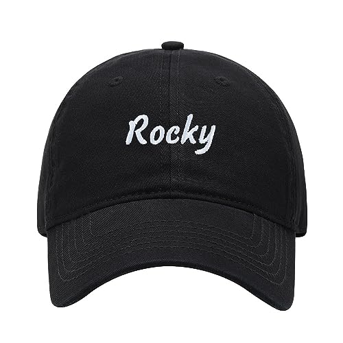 Mens Baseball Cap Name Rocky Gift Embroidered Washed Cotton Vintage Dad Gifts Hat (Black)