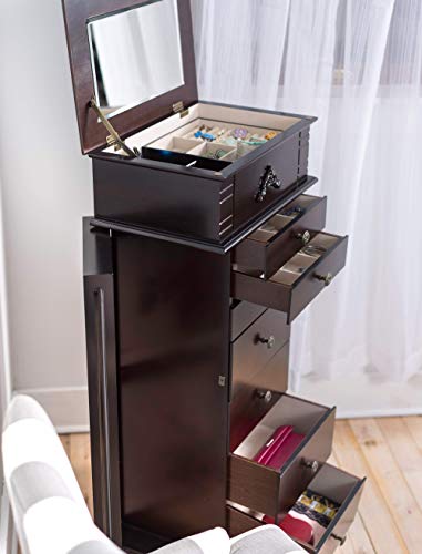 Hives & Honey Stella Large Jewelry Armoire Cabinet Standing Storage Chest Necklace Organizer, 18-5/8" X 12-1/8" X 42-1/8", Dark Walnut #TOP1