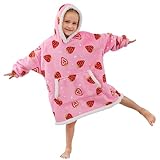 Viviland Wearable Blanket Hoodie for Kids Soft Flannel Sherpa Sweatshirt Blanket with Giant Pocket Warm Plush Comfy Hooded Blankets for Girls Strawberry 2-6 Years Old Girls Gift