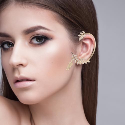 Healeved Boucle D'Oreille En Strass Feuille Pour Femme Manchette D'Oreille En Métal Doré Grimpeur Hypoallergénique Bijou Pour Mariage Et Fête – vue 3