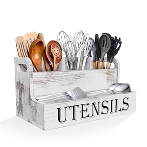 Suli Extra Large Kitchen Utensils Holder with 4 Compartments, White Wooden Utensil Organizer for Kitchen Countertop, Farmhouse Utensil Storage, Rustic Cooking Utensils – White Grain