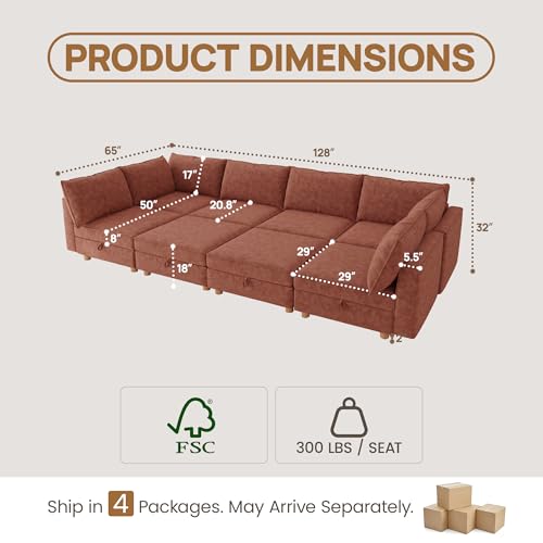 Image of 128 inch Modular Sectional Sleeper Sofa Bed with Storage & Washable Covers, 8-Seater Chenille Modular Sofa Bed with Movable Ottoman Chaise, Convertible Sleeper Sectional Couches for Living Room, Orange