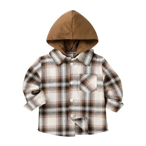 Image of YOUNGER STAR Toddler Kids Boys Girls Flannel Hooded Plaid Shirt Button Baby Red Clothes