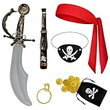 ensemble pirate Contenu de l'emballage : Pirate accessoire comprend 1 bandeau pirate rouge, 1 cache oeil pirate, 1 boucle d'oreille, 1 longue vue enfant, 1 epee pirate, 1 bourse, 10 pieces d'or, pratiques a combiner