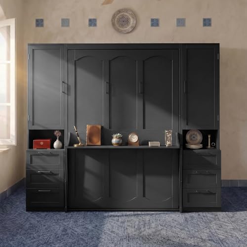 Image of Merax Queen Size Murphy Bed with Desk, Multifunctional Foldable Wall Bed with Closet, Drawers and Shelves, Space-Saving Wood Bed Frame for Small Space Studio Study Office Guest Room, Black(Oak Veneer)