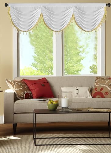 Ladity Shiny Satin Pure White Valance for Window with Tassels for Living Room