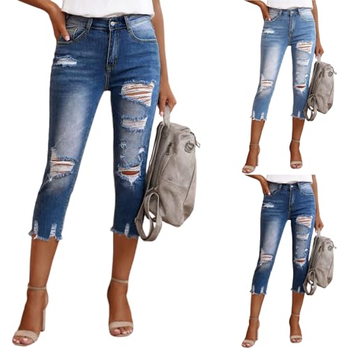 Womens Capri Jeans Comfy Wide Leg Sweatpants Ripped Mid Rise Skinny Jeans Straight Leg Sexy Stretch Denim Capris