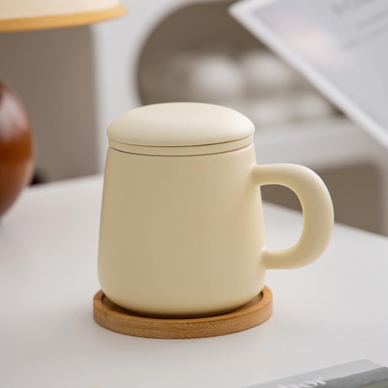 Tasse à thé Tasse à thé simple et moderne en céramique jaune crème, avec couvercle et filtre, idéale for le bureau et la maison Récipient de trempage(B)
