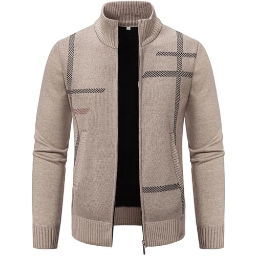 Men's Cardigan Sweaters Full Zip Up Stand Collar Slim Fit Casual Knitted Sweater with 2 Pockets Stripe Knit Cardigan2