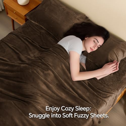 Image of BEDELITE Flannel Sheets Twin Size Brown - Super Soft Fleece Sheets Set Fluffy Extra Plush, 3 Piece(Include Fitted Sheet, Flat Sheet, 1 Pillowcase)