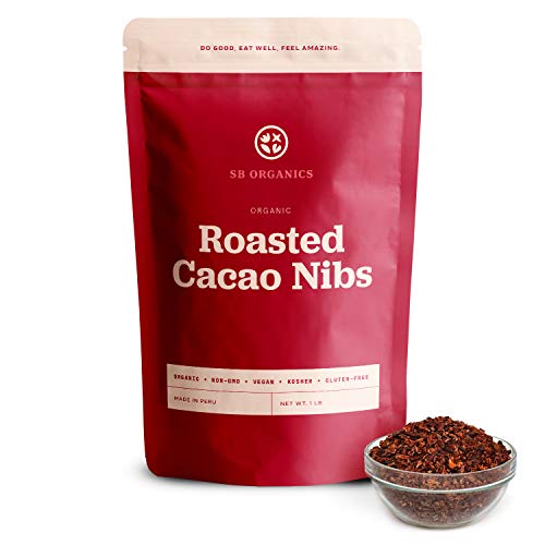 SB Organics Roasted Cacao Nibs Organic - 16 oz Bag of Non-GMO Vegan Kosher Unsweetened Cocoa Nibs from Peru - Free of Gluten, Dairy, Soy, and Sugar