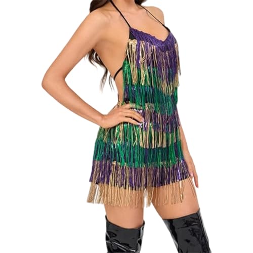 Image of Women's Sequin Fringe Romper Jumpsuit Backless Shorts Dress Sparkly Glitter Jumpsuits Disco Outfit Nightclub Party